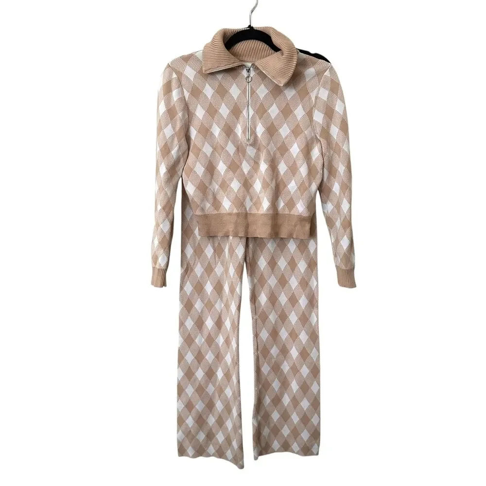 SAYLOR Checkered Knit Pant‎ Set Tan/White Small